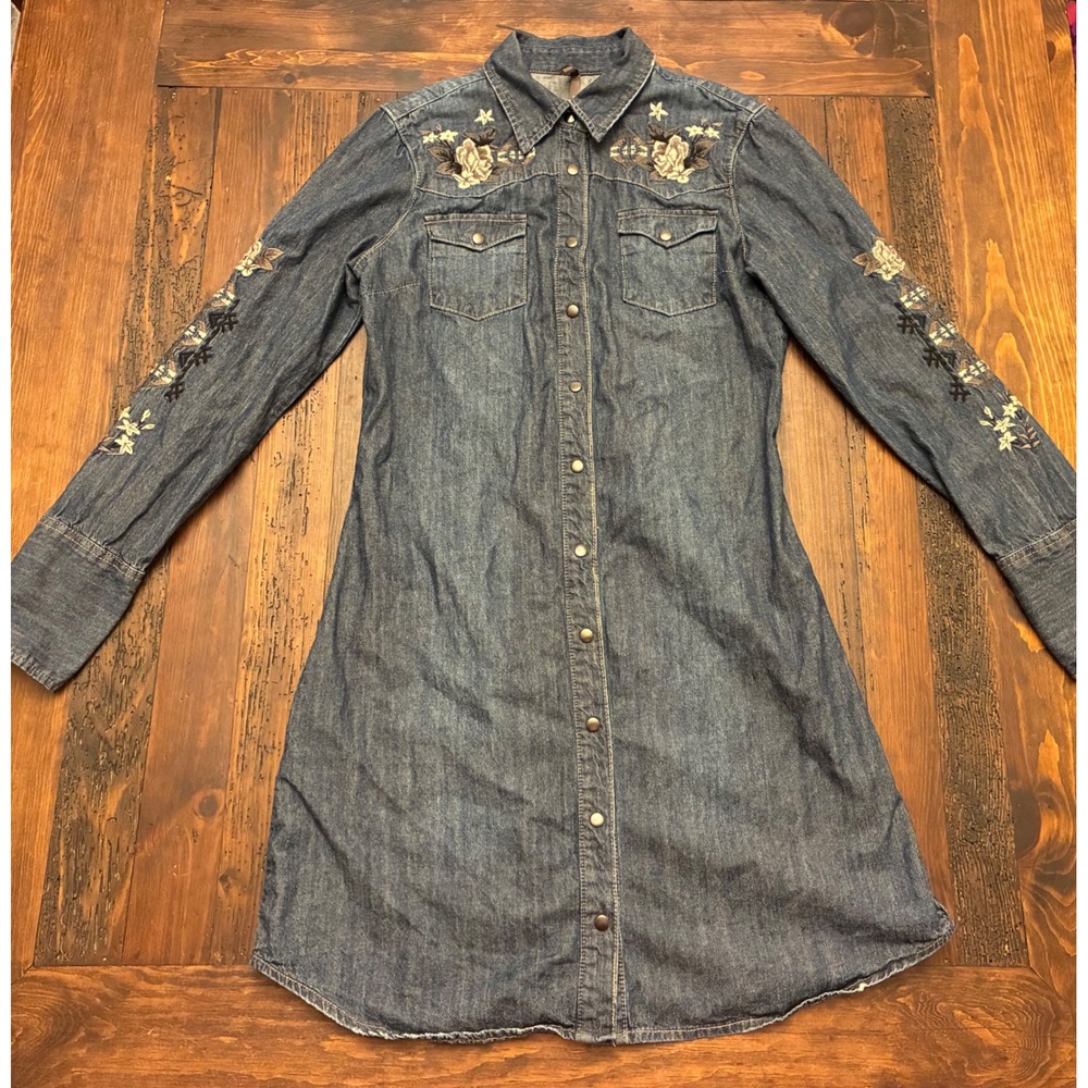 Stetson Denim Embroidered Mini Dress Long Sleeve Snap Up Western Yoke Women's M - Picture 3 of 7